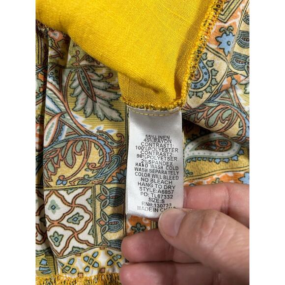 Umgee Linen Blend Mixed Print Tunic Blouse Womens Size Small Yellow Boho - Picture 5 of 7